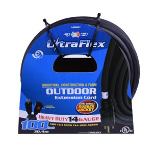 Extension Cord Outdoor SEOOW 14 / 3 Single Tap Black Rubber 100ft