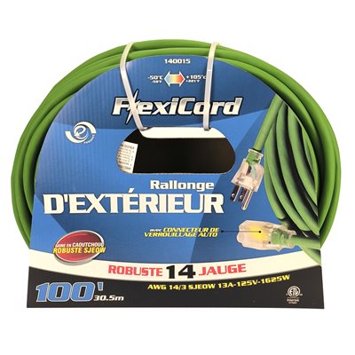 Extension Cord Outdoor SJEOW 14 / 3 Lighted Single Tap Green 100ft / 30.48m