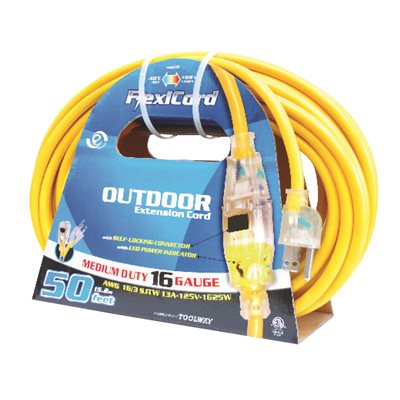 Extension Cord Outdoor SJTW 16 / 3 Lighted Single Tap Yellow 15m / 49.2ft