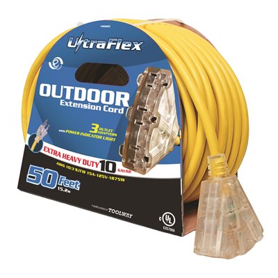 Extension Cord Outdoor / Indoor SJTW 10 / 3 Lighted 3-Tap Yellow 50ft