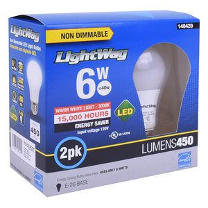 2PK Bulb A19 LED Non-Dimmable E26 Base 6W Warm White