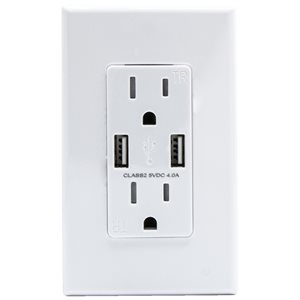 Decora Duplex Receptable With USB Port Type A T / R 15Amp White