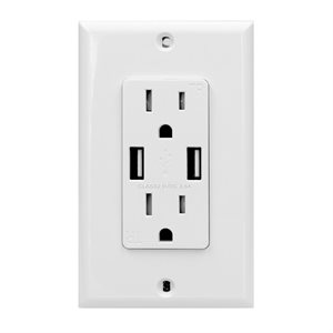 Plaque Murale Decora pour Prise Duplex avec 2 Chargeurs USB Blanc