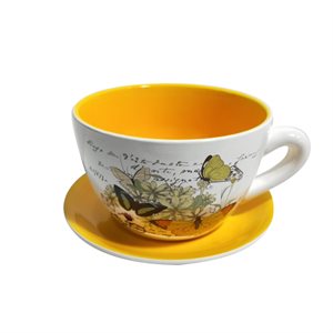Tea Cup Planter & Saucer Butterflies Yellow 10in