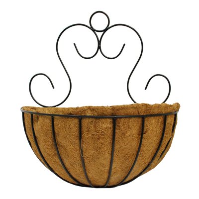 Wallmount Wire Basket Rounded Bottom with Coco Liner 20in Black