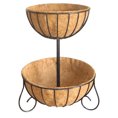 Two-Tiered Wire Planter Basket with Coco Liner 18in and 23in Gloss Black