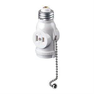 Lamp Socket Pull Chain Adapter For 1 Socket + 2 Outlets White