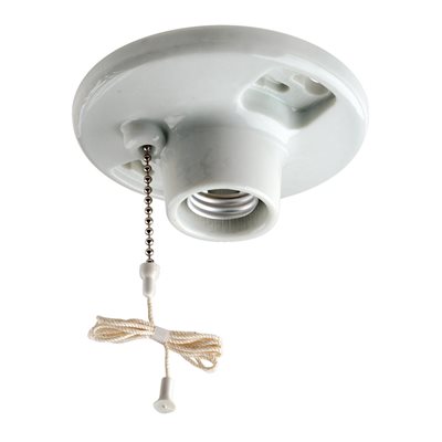 Lamp Socket Pull Chain Outlet Box Mount 1 Circuit Porcelain Wht