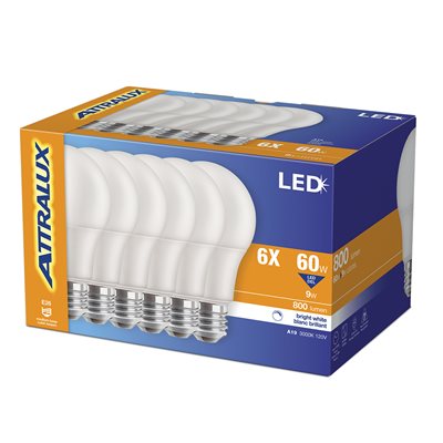 6PK Ampoule LED A19 Non-Dimmable à Base E26 9W Blanc Lumineux
