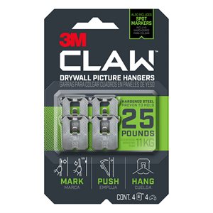 4Pk CLAW™ Drywall Picture Hanger with Spot Markers 25 Lb